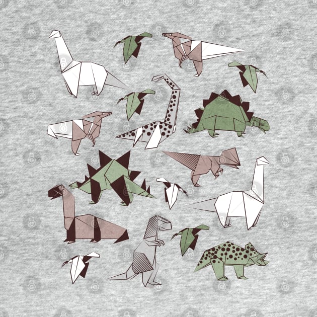 Origami dino friends // print // green white and beige dinosaurs by SelmaCardoso